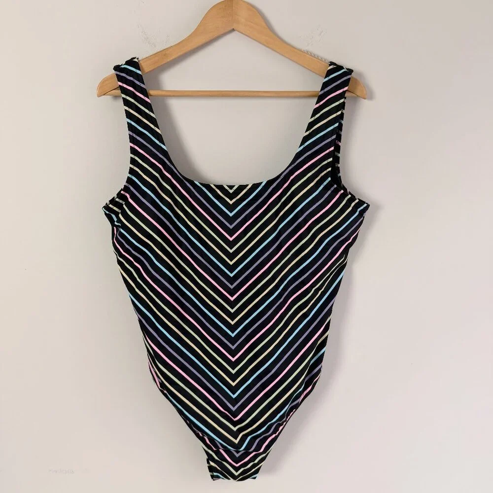 2/$30 Victoria's Secret Striped Black Pastel One Piece Bathing Suit XXL